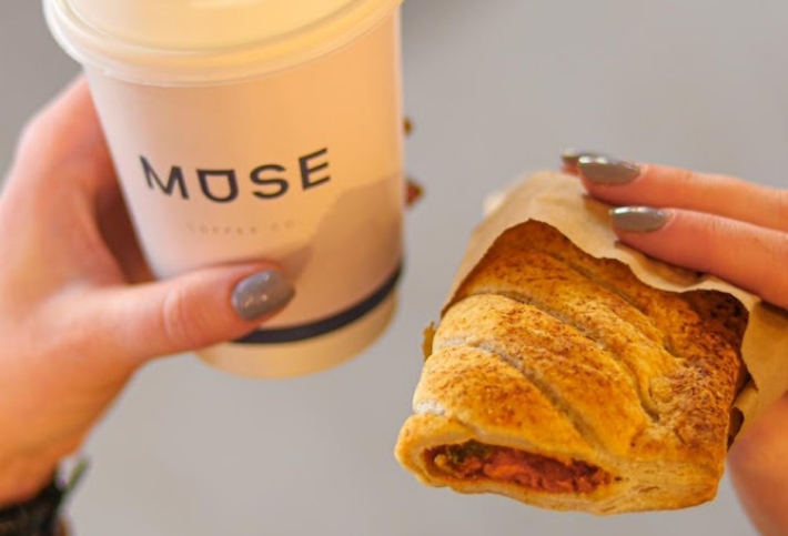 Sausage roll and coffee at Muse Coffee Co